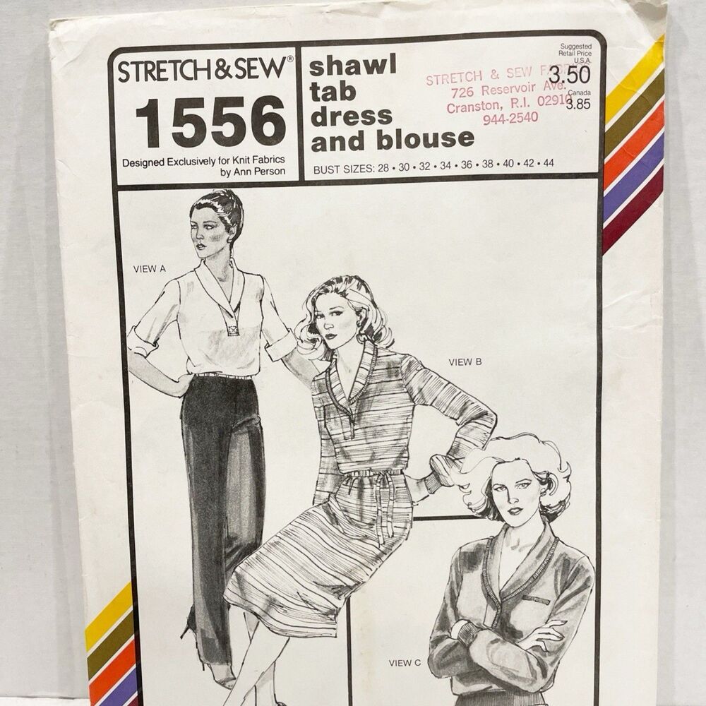 Vintage Stretch & Sew 1556 Shawl Tab Dress Blouse Pattern UNCUT‎ Sz 28–44